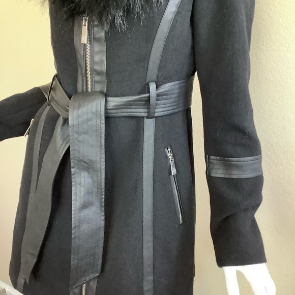 Guess Black Faux Fur Trimmed Wool Coat - Picture 9 of 16